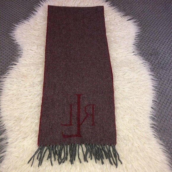 Lauren RALPH LAUREN Wool Red Gray 100% Virgin Lambswool Fringe Logo Italy - Picture 10 of 12